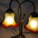 Brass water lily lamp and glass paste tulip, double, art nouveau style.