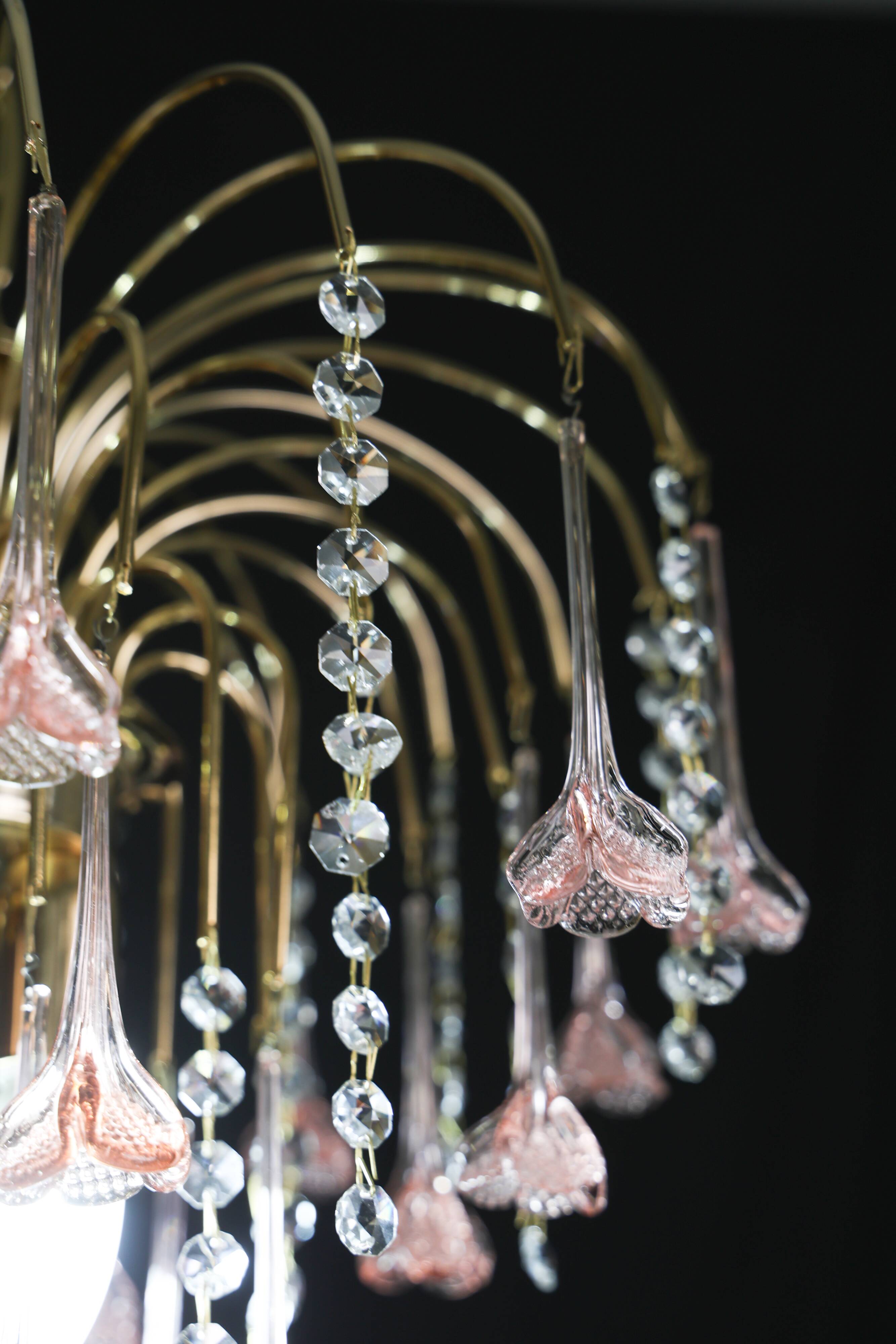 Set of 2 Meryl Streep, Pink Murano Flowers and Crystal Drops Chandelier, 19