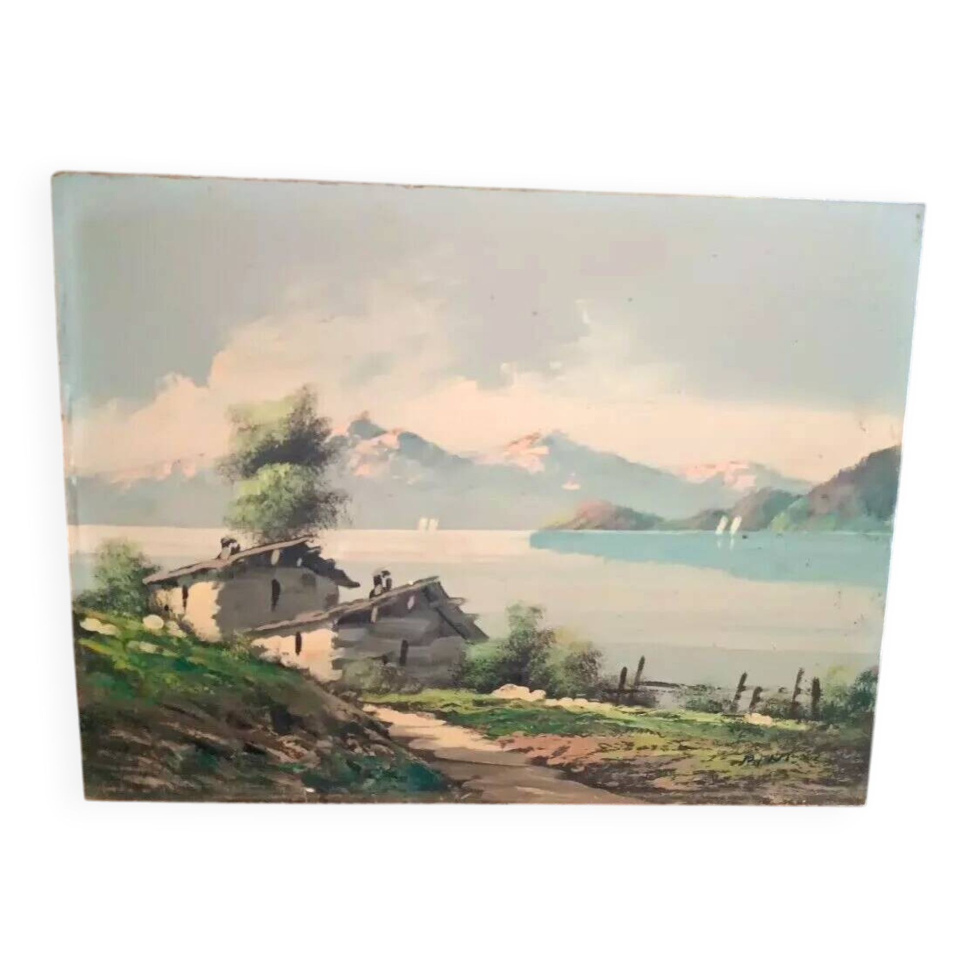 Painting landscape mountain lake Alps signed Pini 1950s