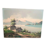 Painting landscape mountain lake Alps signed Pini 1950s