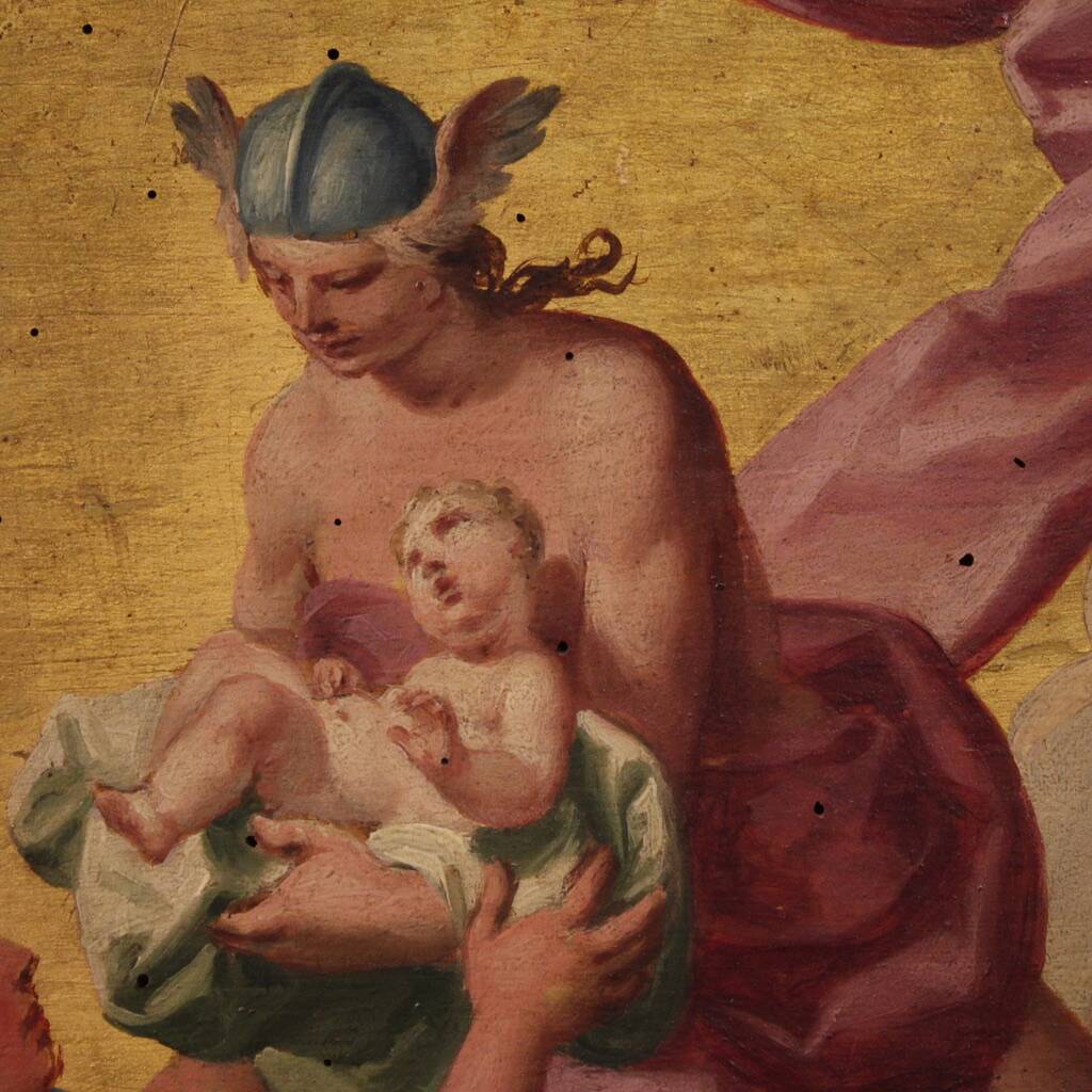 18th century Italian panel painting, Hermes entrusts Dionysus to the nymphs