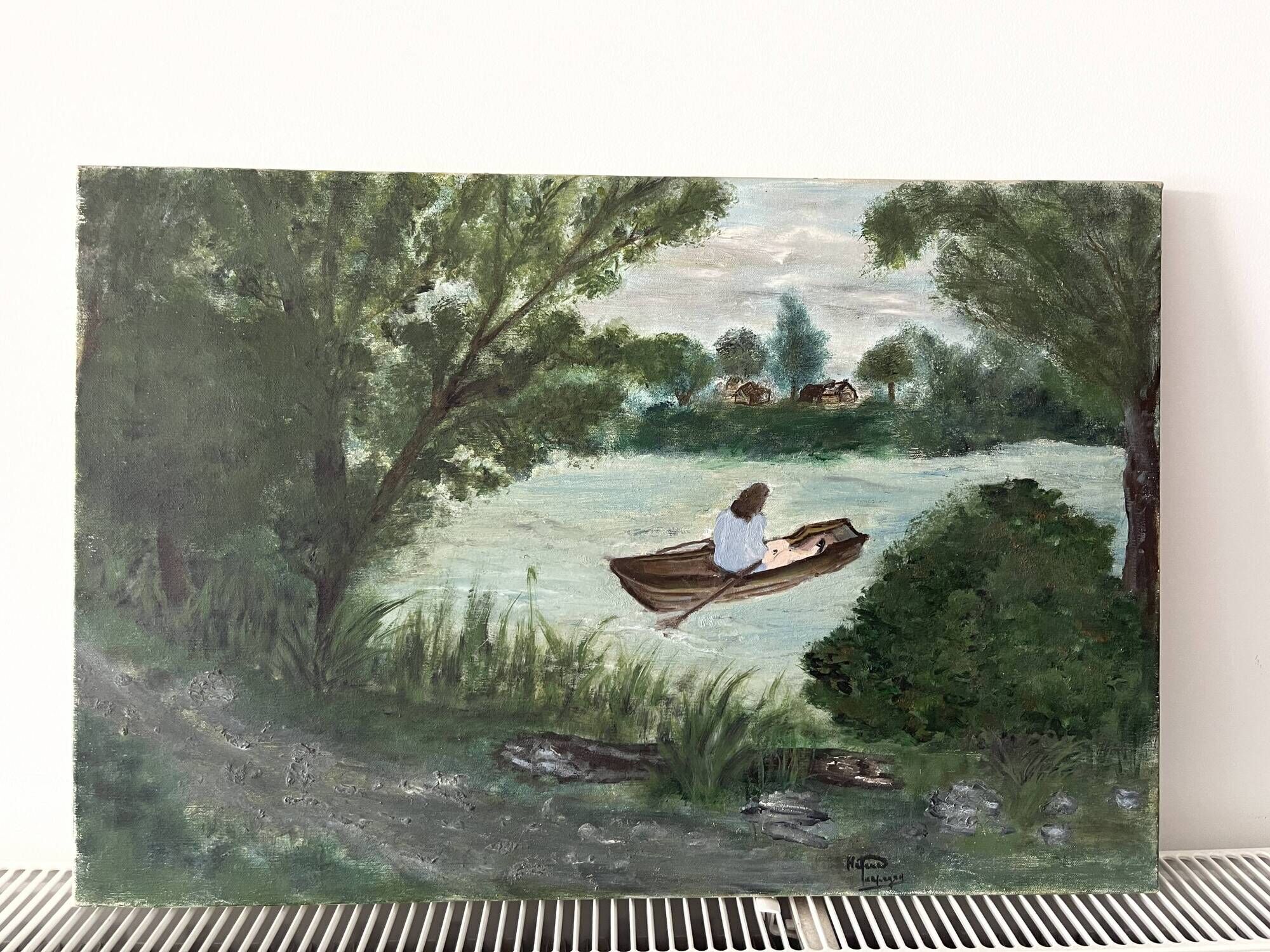 Old oil painting on canvas of a vintage landscape