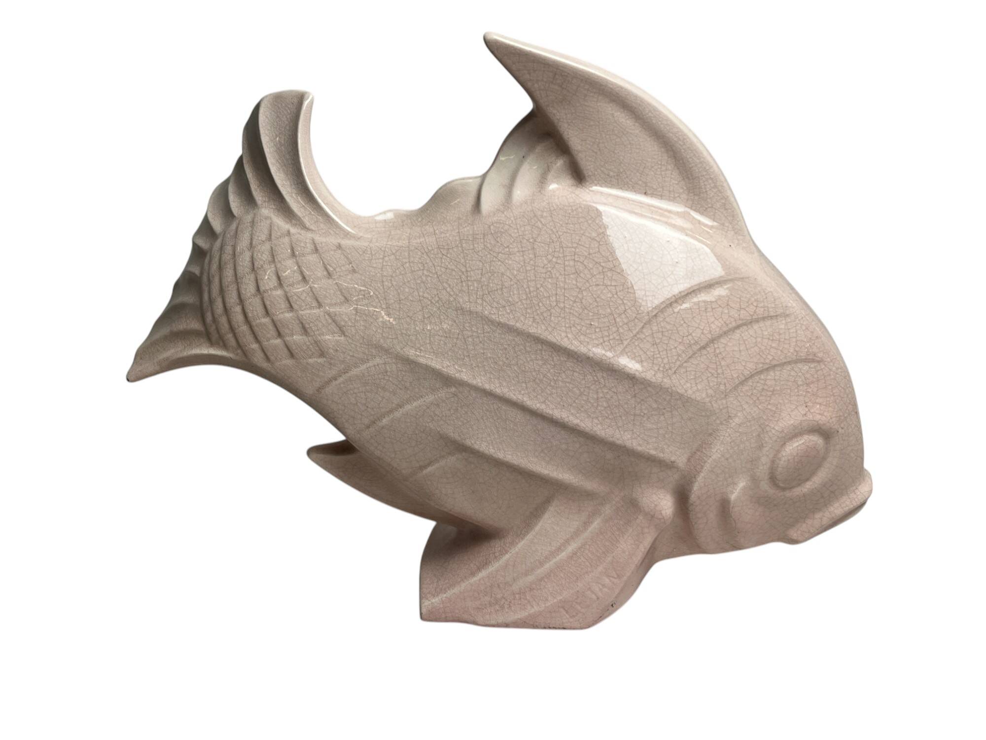 Le jan, large art deco cracked earthenware fish circa 1930