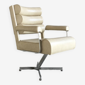 Fauteuil space-age similicuir blanc et piétement chromé - design 1970