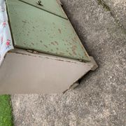 Vintage low wooden cabinet painted green and white with a floral fabric top (1950s)