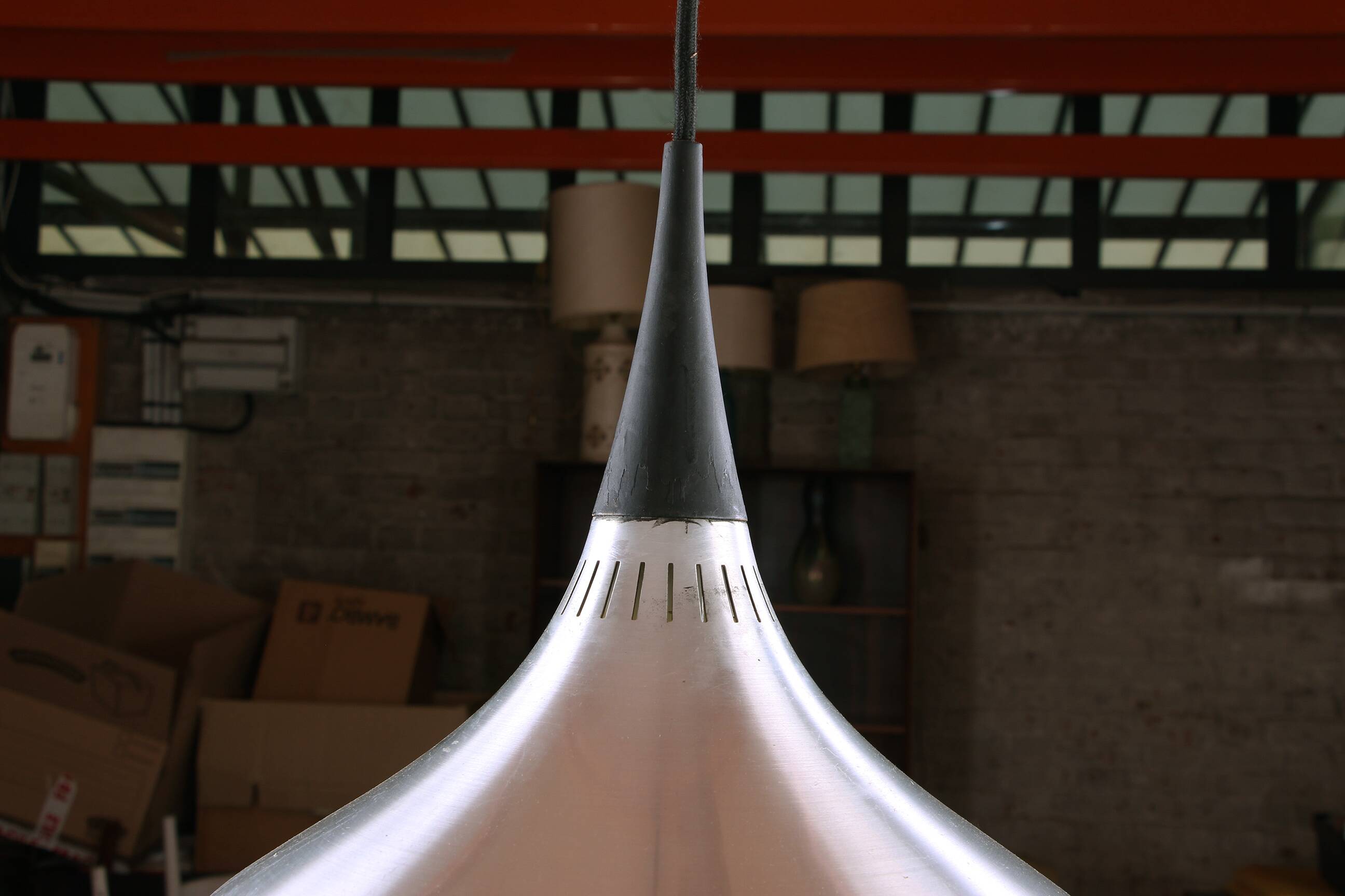 Large Danish pendant light in chrome metal, orient model by Jo Hammerborg for Fog & Morup 1960.