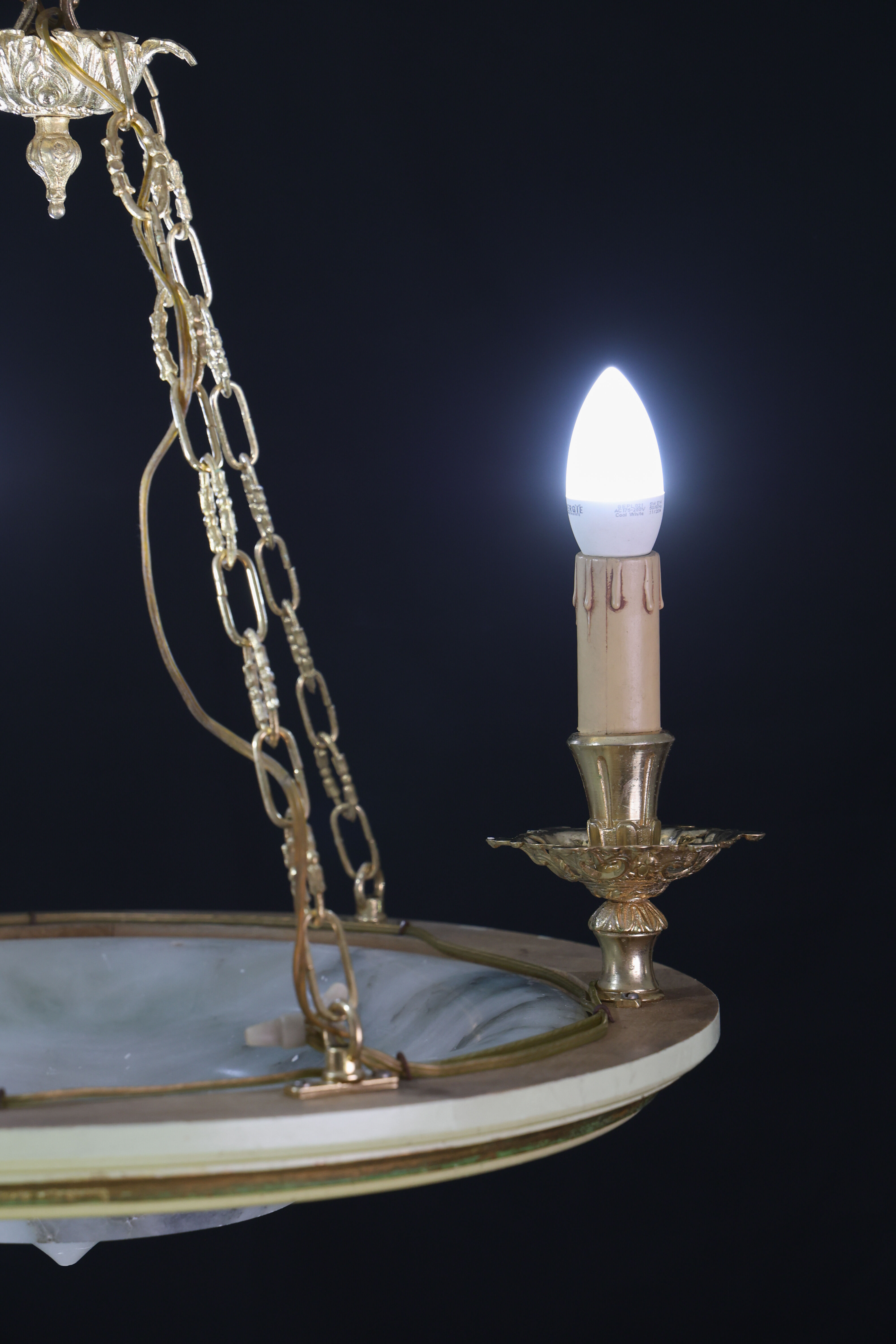Masterpiece Art Deco design white alabaster chandelier circular wooden fram