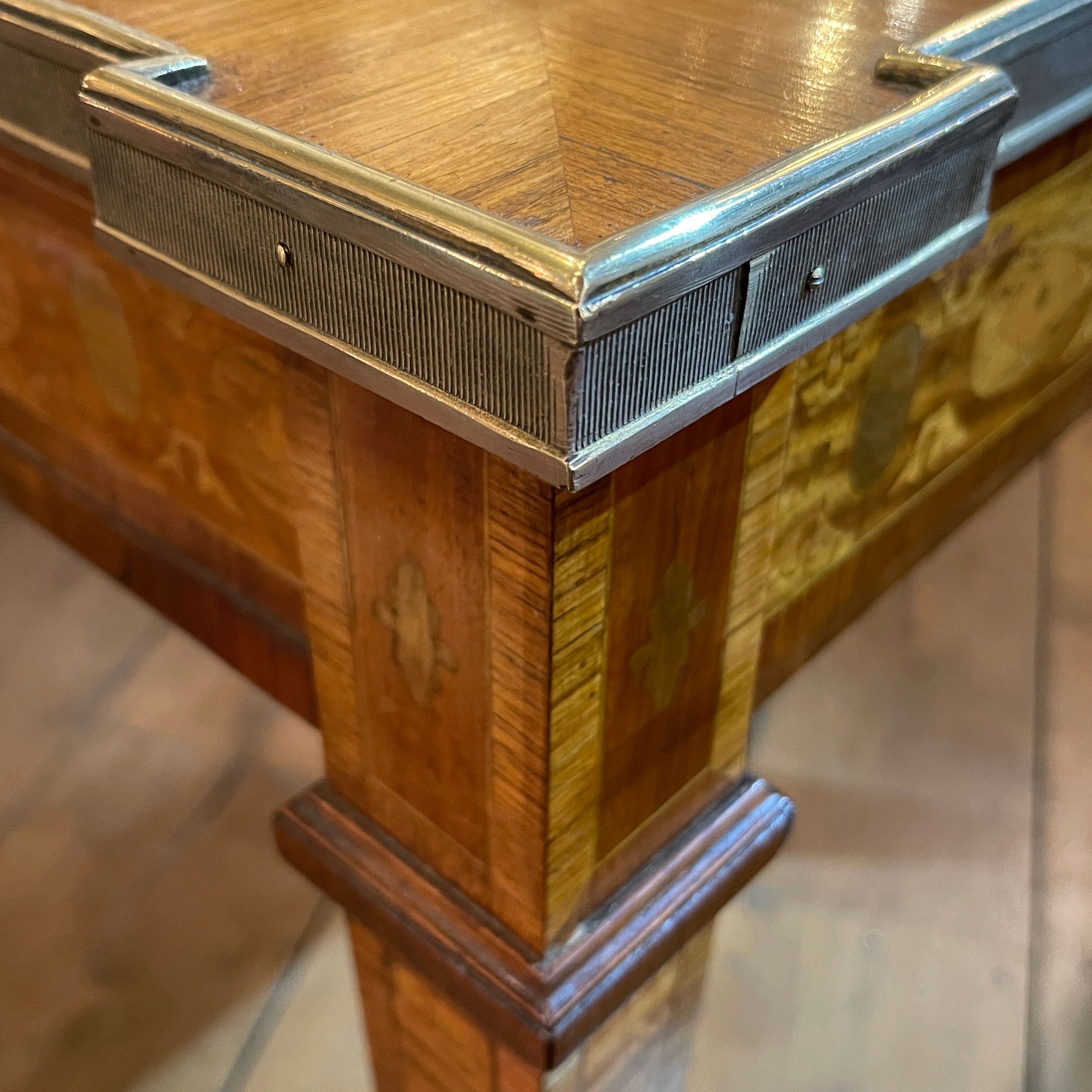 Louis XVI Directoire desk table richly inlaid, brass belt and 2 drawers, 19th century