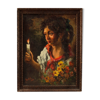 Italian signed and dated painting portrait of young gipsy from XXth century