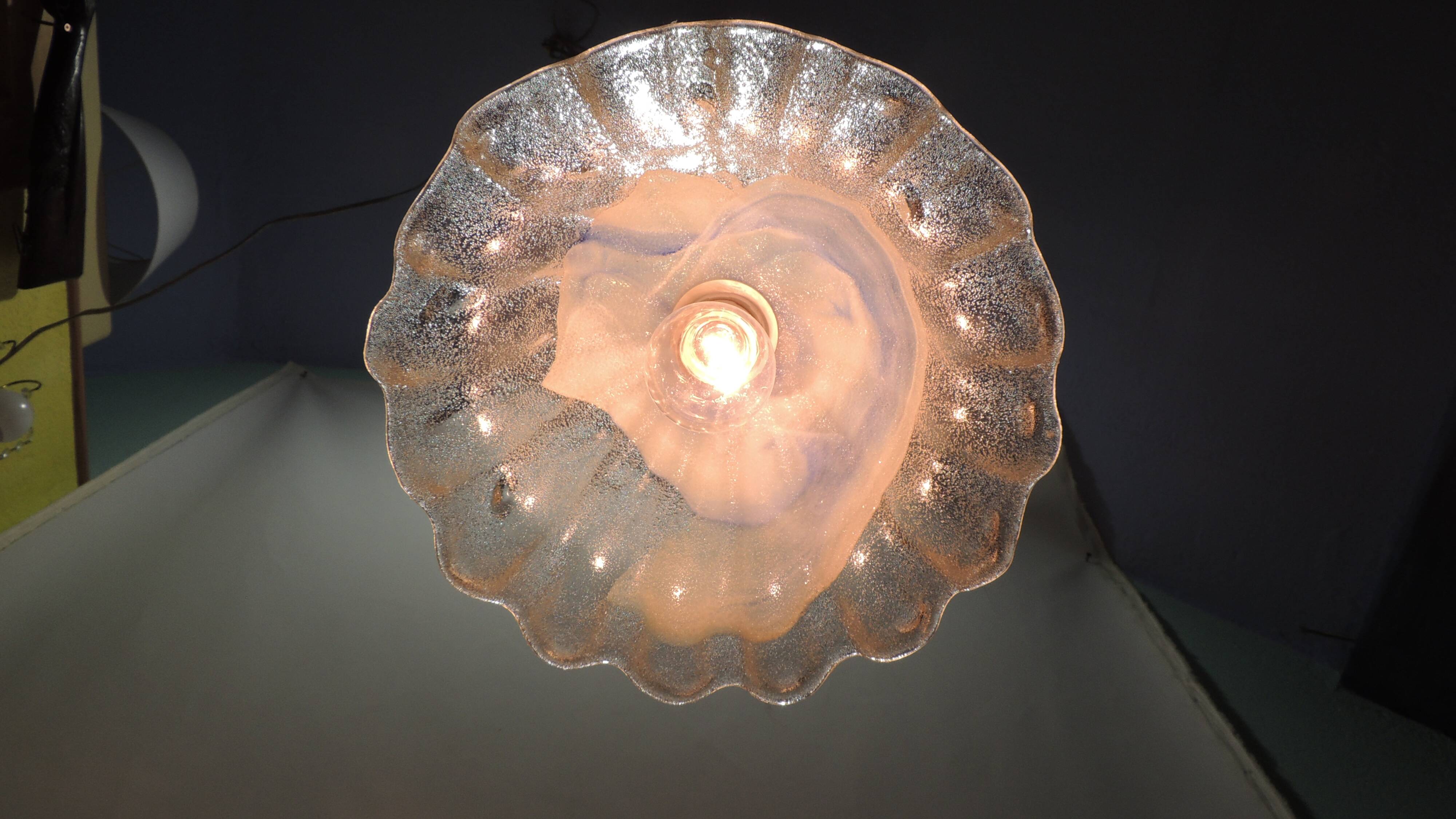 Vintage Murano blown glass suspension lamp with blue and white shell.