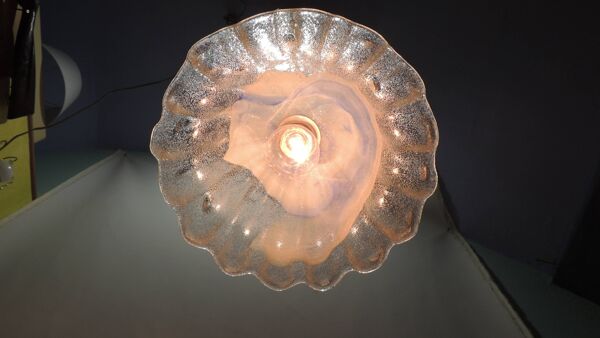Suspension vintage verre soufflé Murano coquillage bleu blanc lampe plafonn