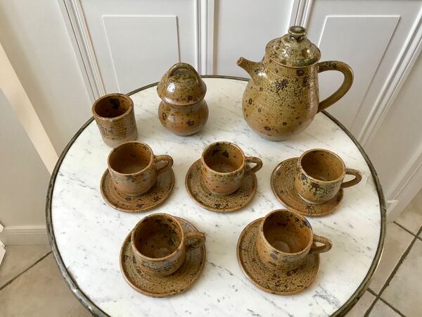 service à café 6 tasses et sous-tasses, theière et sucrier en cérémique / poterie / grès années 50-6