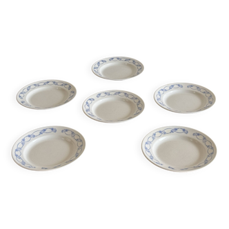 Set of 6 large soup plates with blue flower frieze pattern