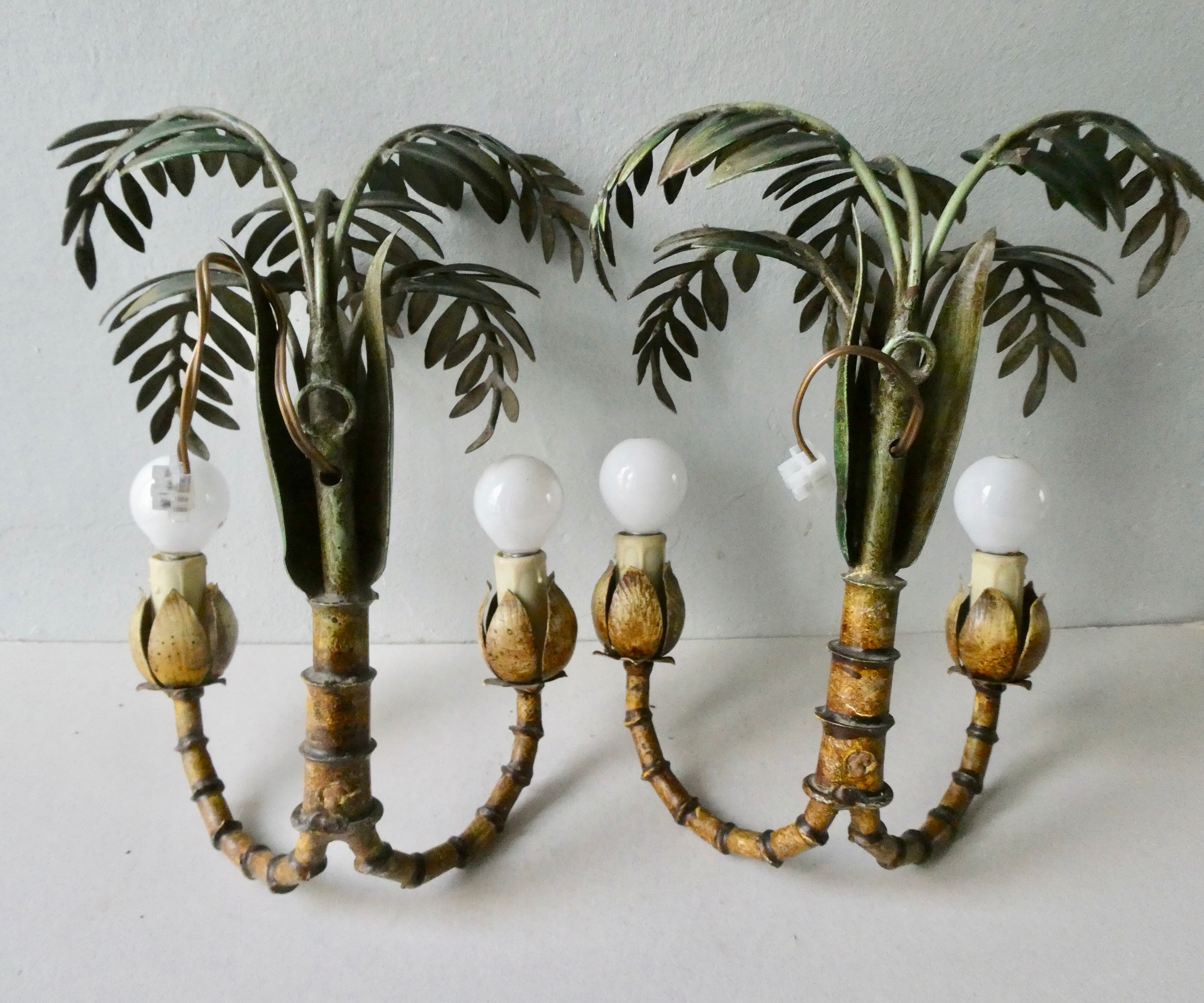 Pair of bamboo and palm sconces in metal