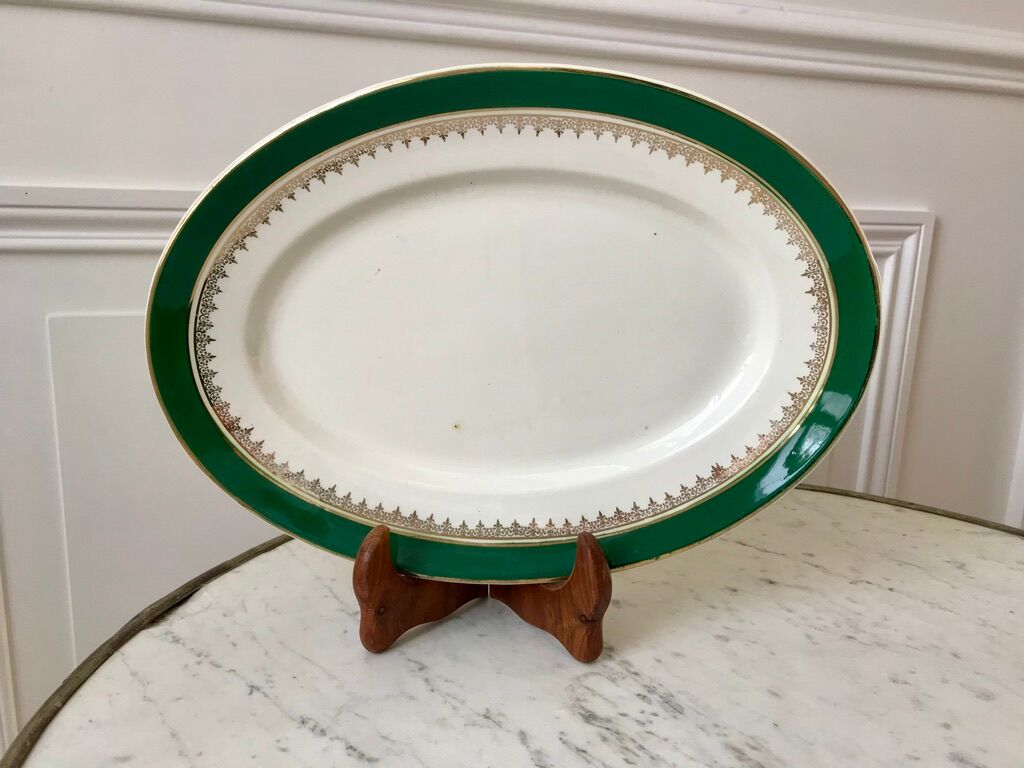 oval flat Digoin Sarreguemines model "Martine" green and golden 50s