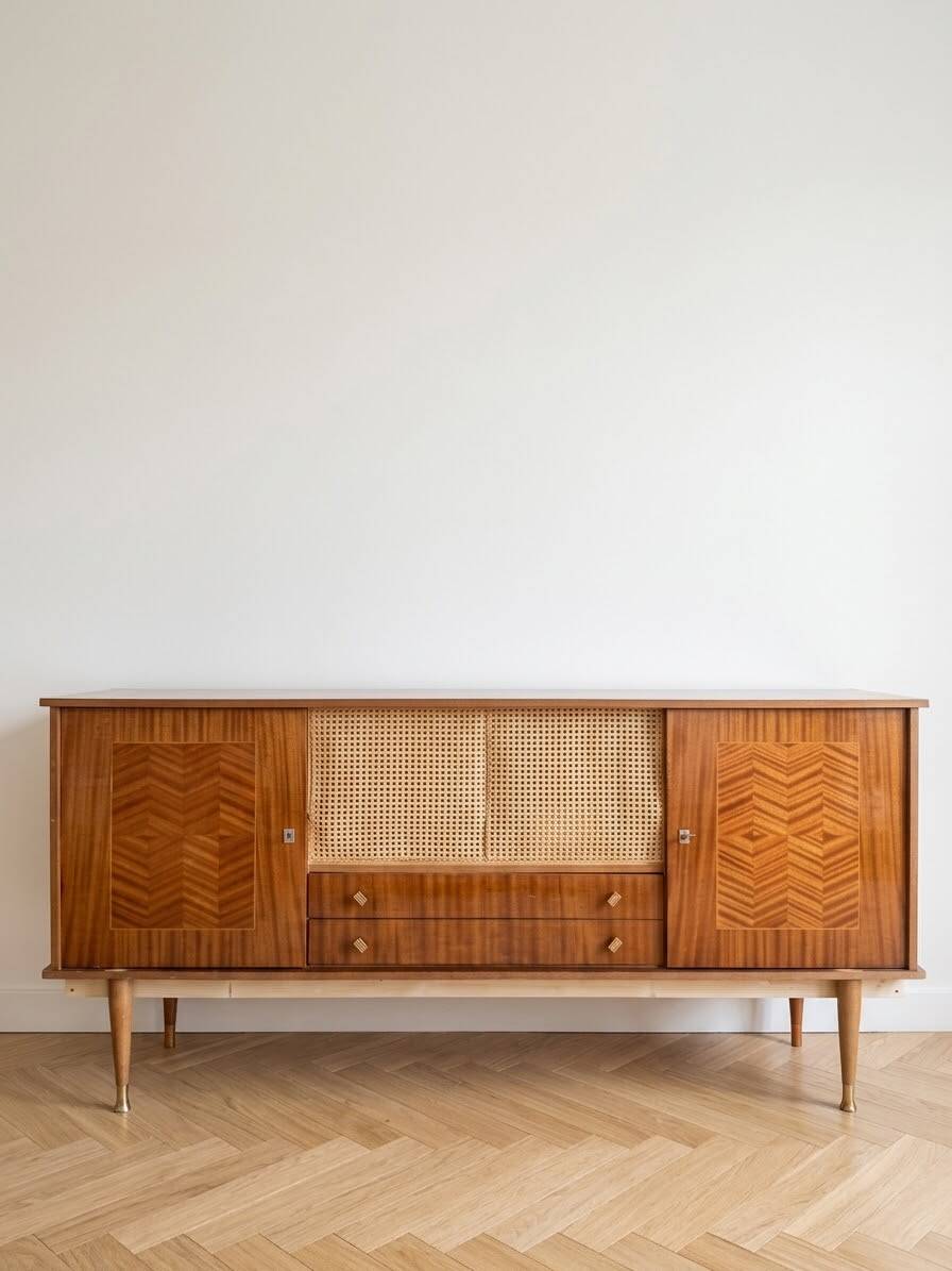 Vintage Scandinavian wooden buffet with marquetry.