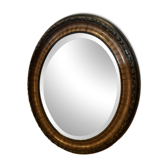 Vintage Oval Mirror Ornate With Carved Wooden Frame; Patinated Bronze/Gold.