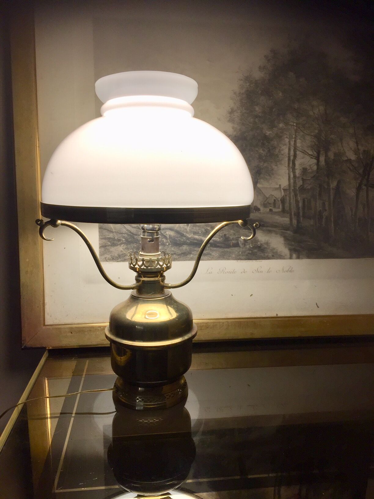Brass gold and opaline table lamp
