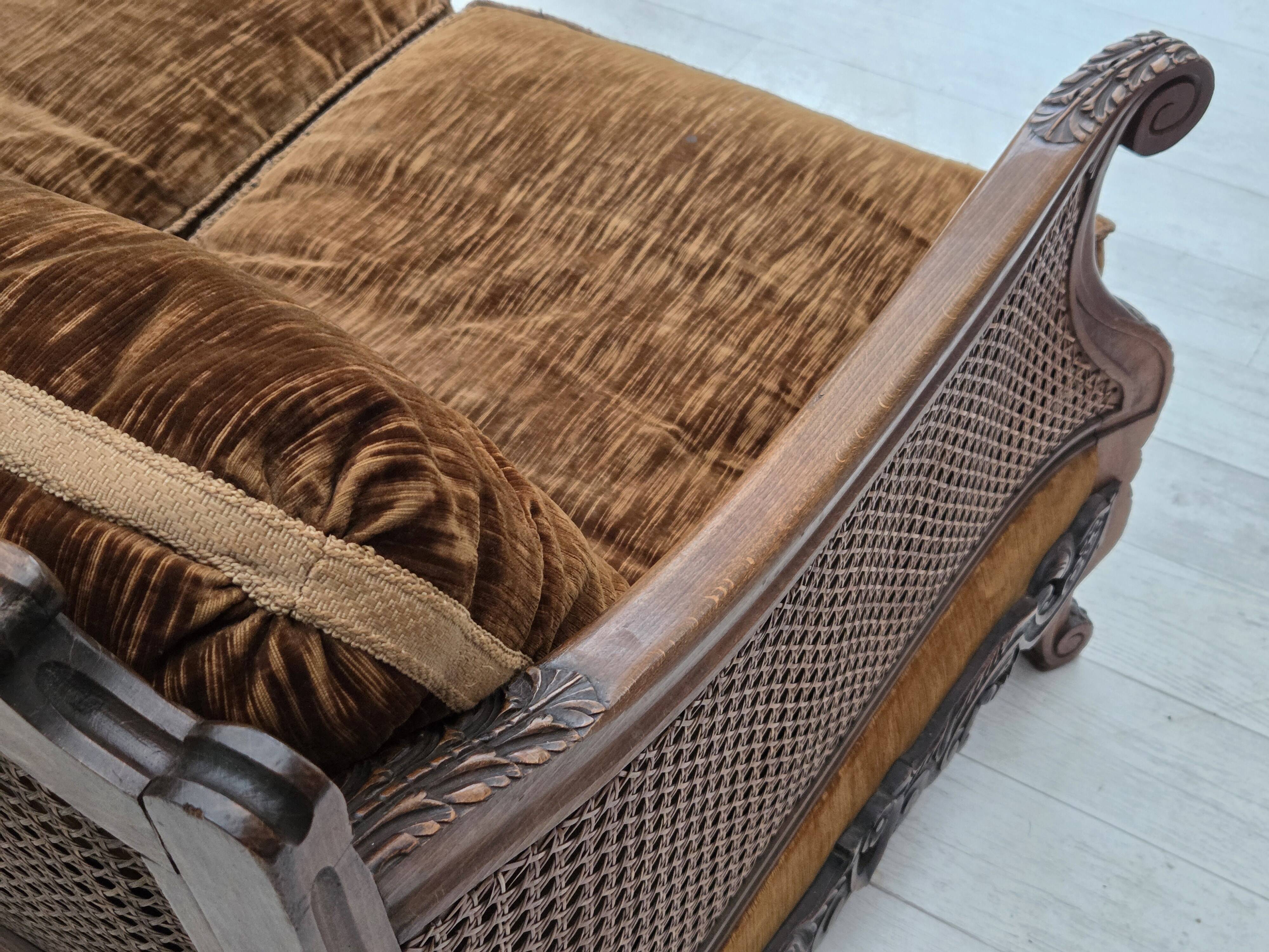 1930-35s, Danish 3-seater sofa, furniture velour, furniture mesh, ash wood.