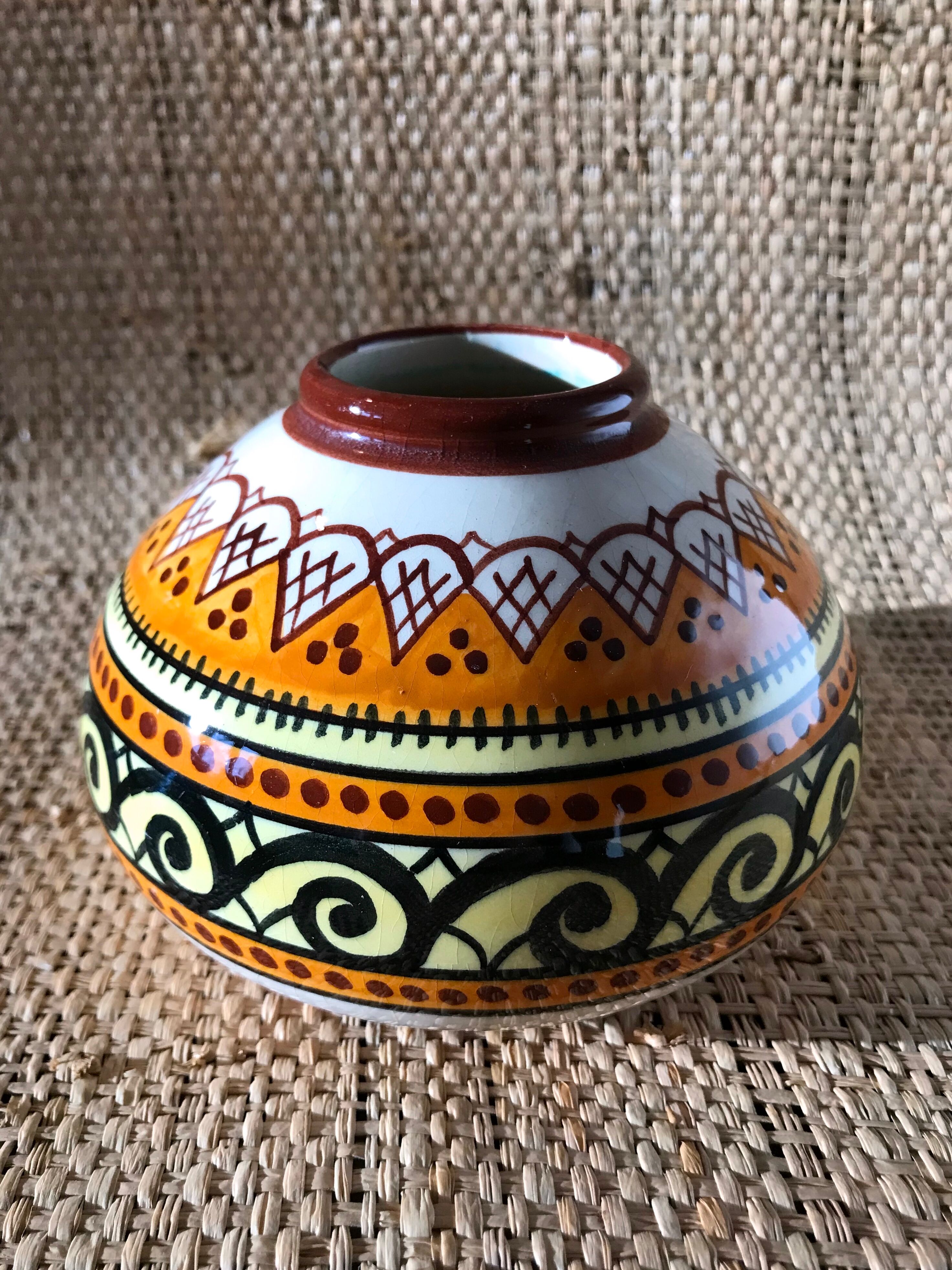 Quimper Henriot spinning top ball vase vintage soliflore art deco 1930 1940 celtic patterns orange black