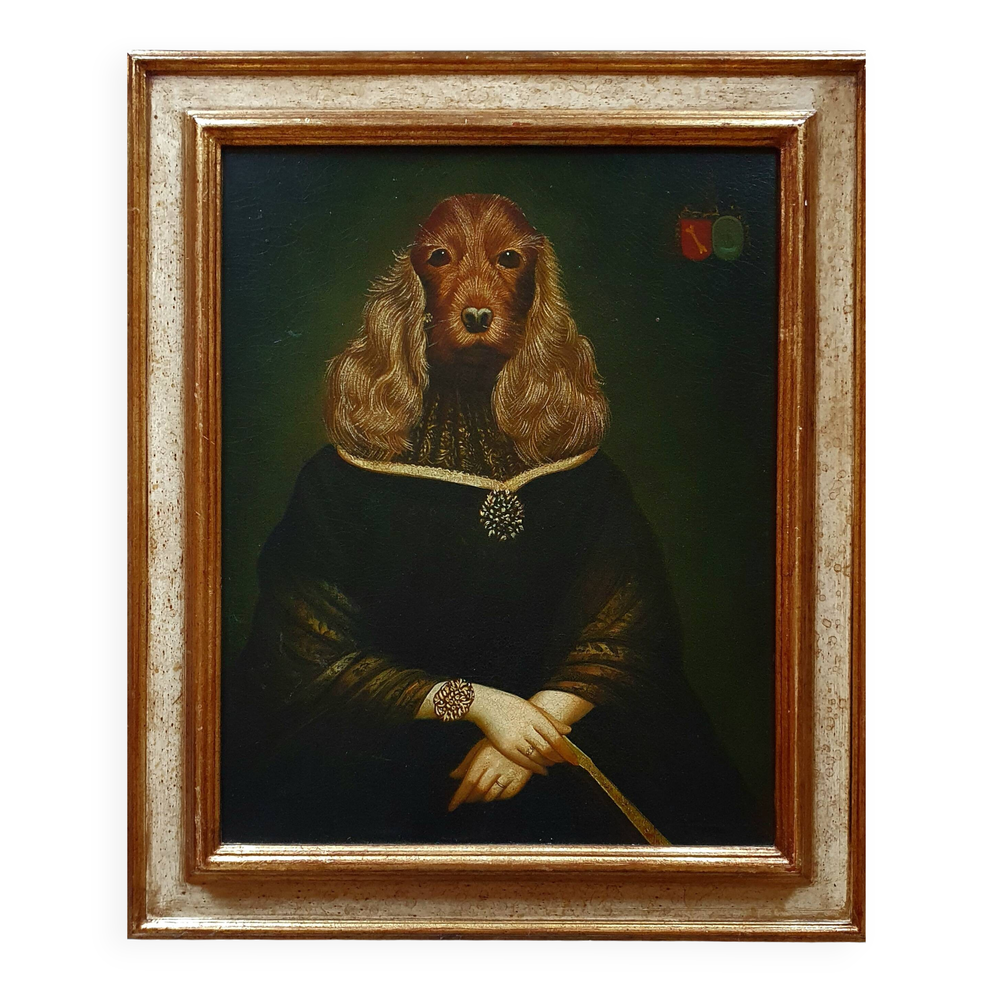 Ancient painting of a woman with a cocker spaniel head signed Taddei.