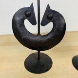 Pair of Brutalist Zoomorphic Candlesticks, Wrought Iron
