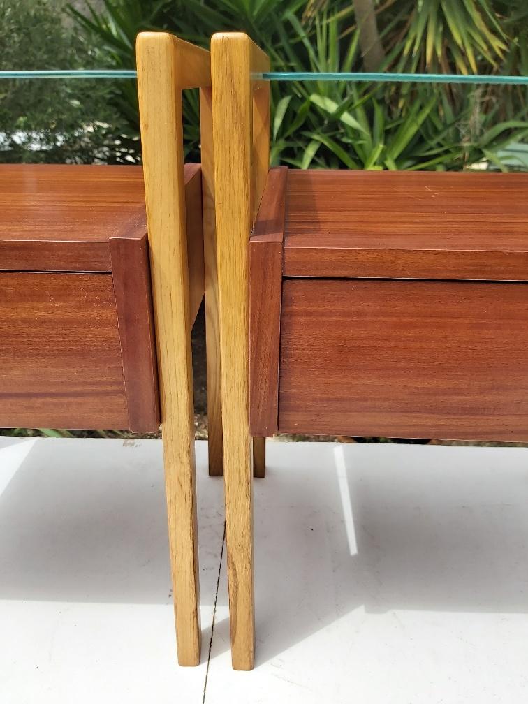 Pair of bedsides wood and glass 50s