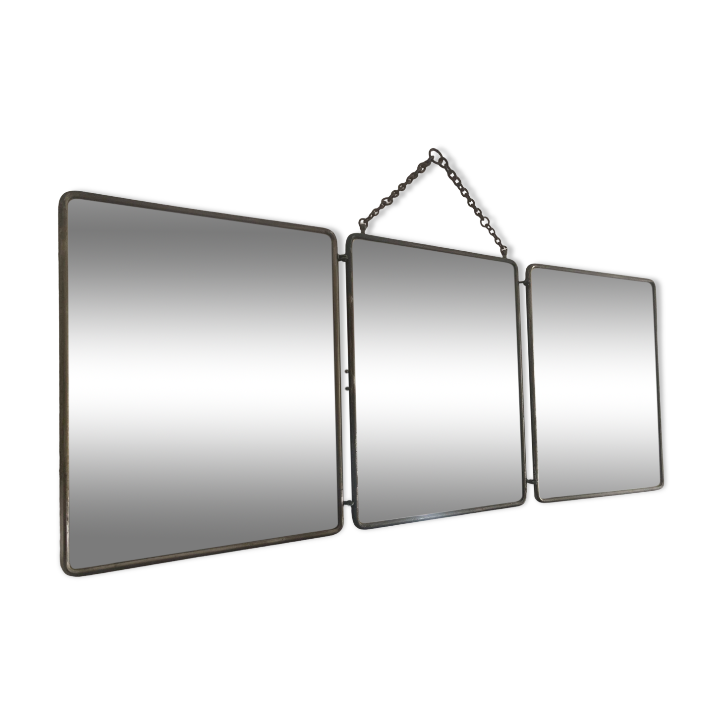Vintage 1900 triptych mirror, old pink nickel-plated metal - 31 x 76 cm