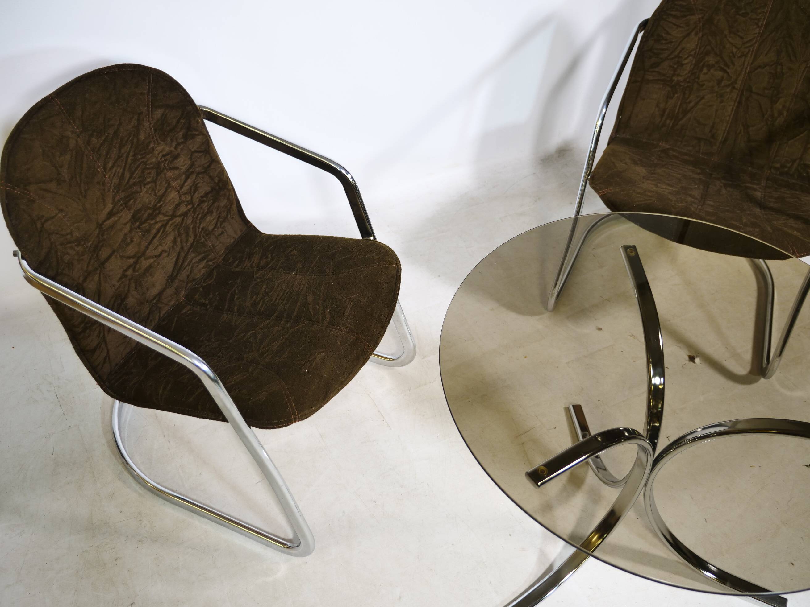 Armchairs and Coffee Table in Chrome and Smoked Glass, Set of 3, 1970s