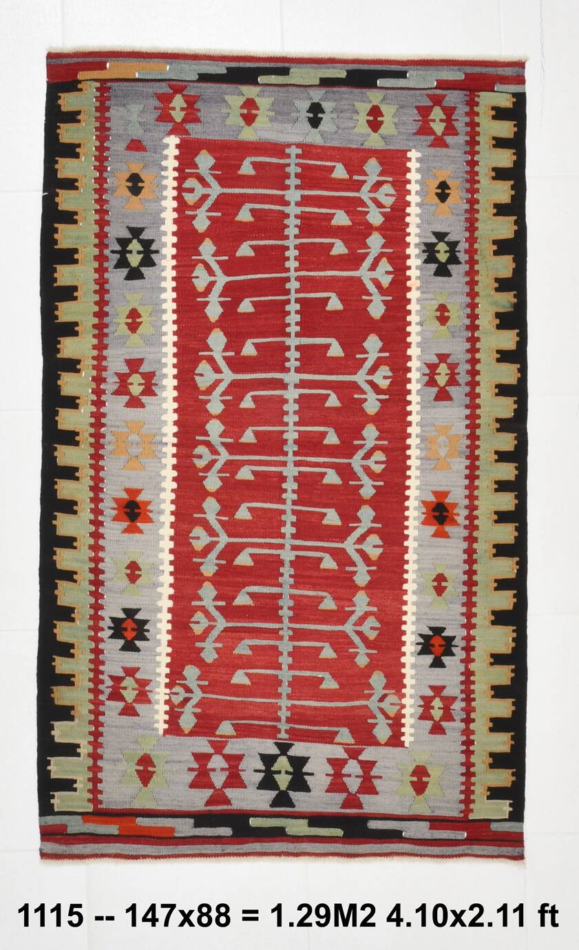 3x5 Red Green Tribal Vintage Kilim Rug, 88x147Cm