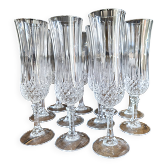 Set of 10 vintage Cristal d'Arques champagne flutes, Longchamp model