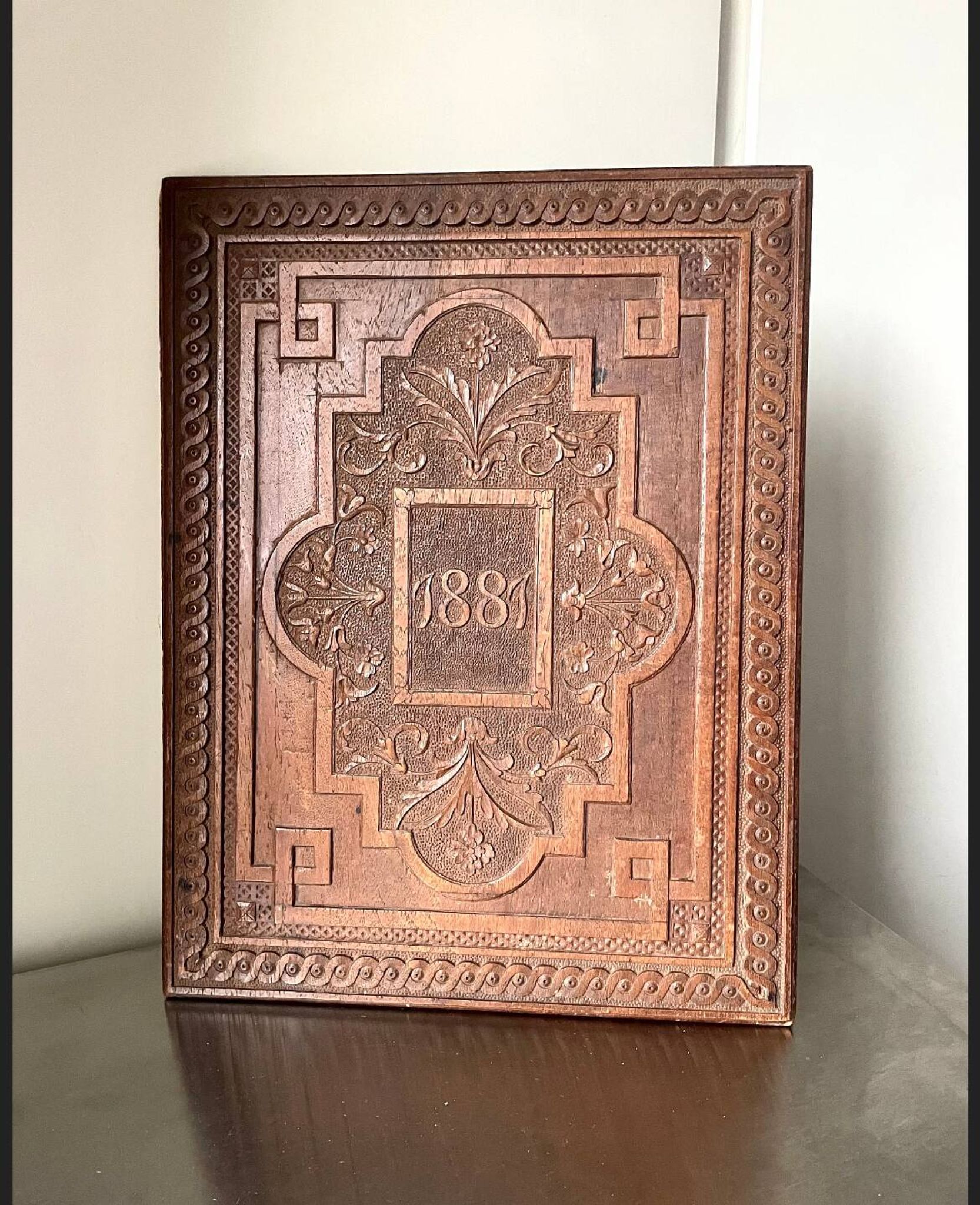 Antique  1881 Carved on solid wood Panel  Relief