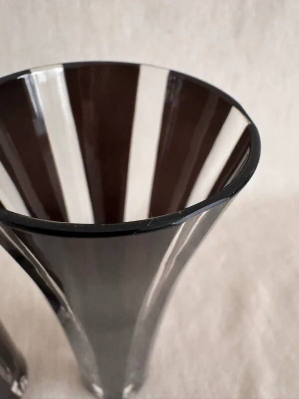 4 vintage champagne flutes in clear and black crystal glass