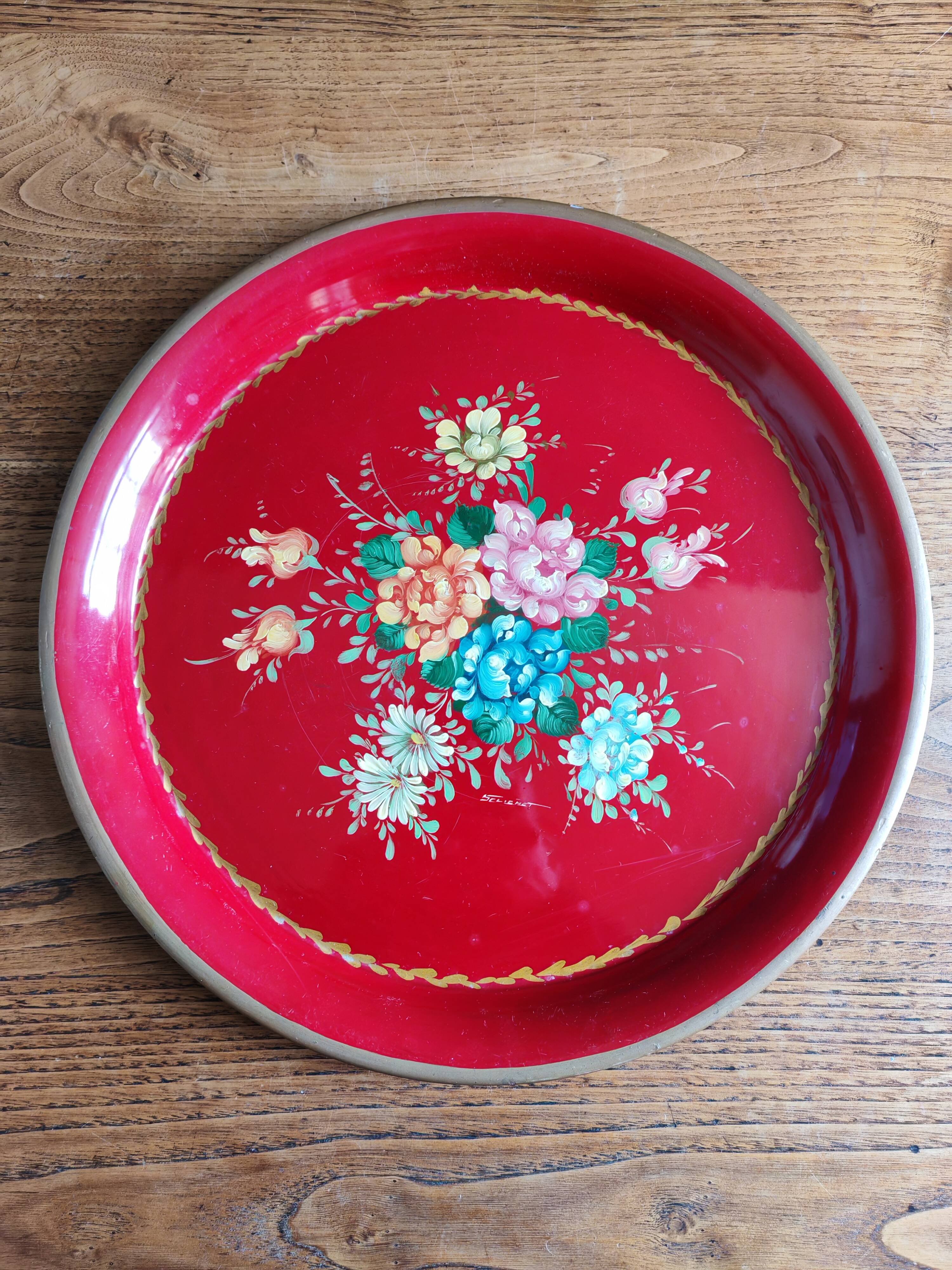 Old Red Plate Signed - Hand-Painted Floral Decoration