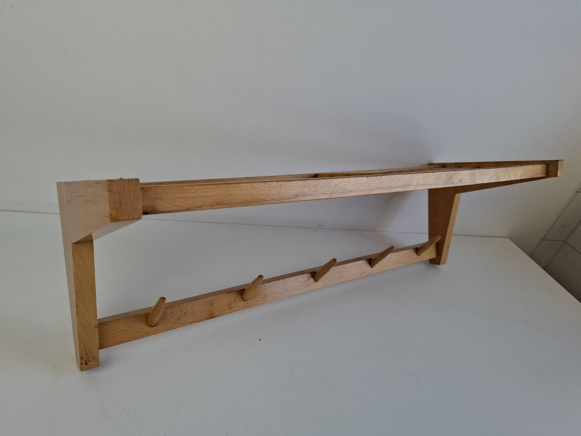 Uluv czechoslovakian mid-century wooden wall coat rack with shelf, 1970