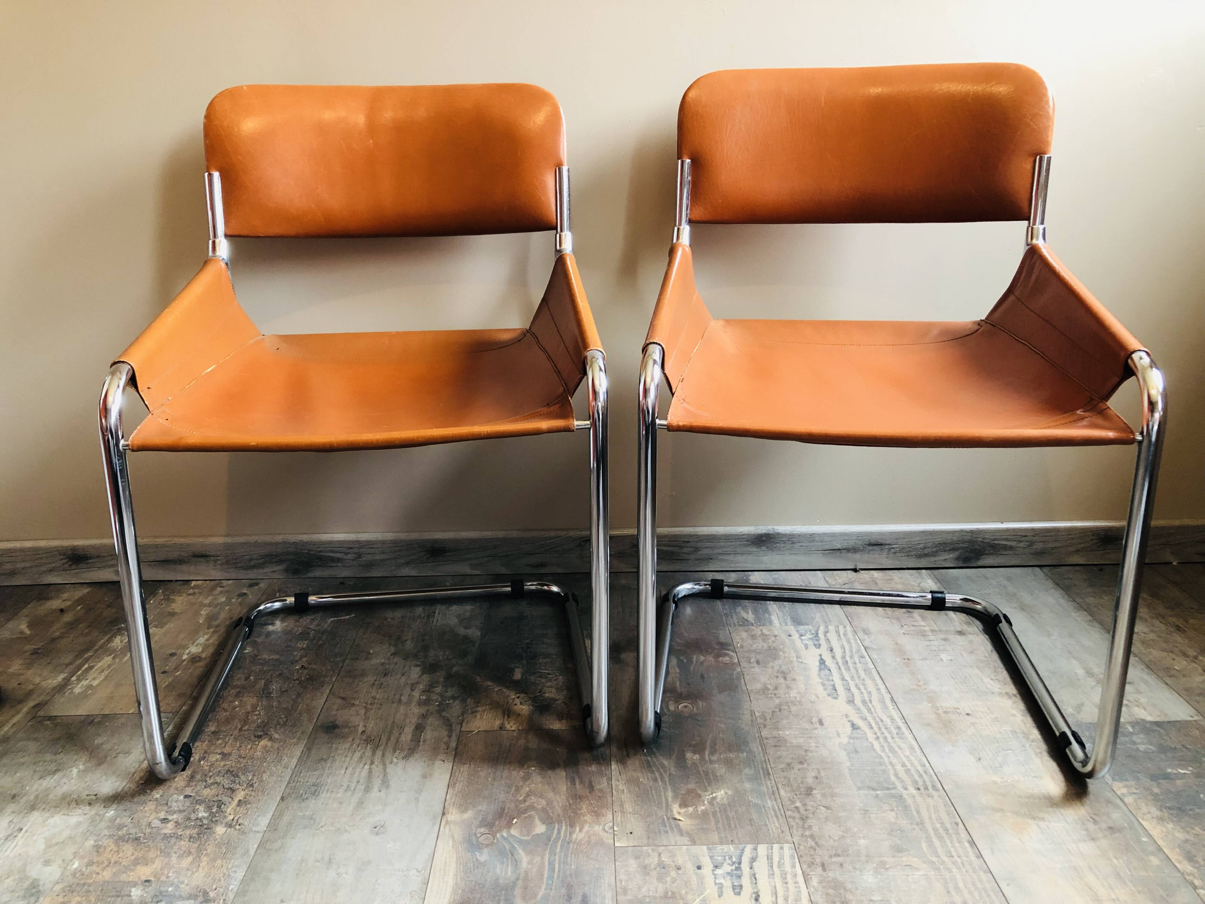 4 vintage 70s Italian chairs in cognac leather and stainless steel