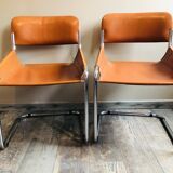 4 vintage 70s Italian chairs in cognac leather and stainless steel