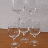 Set of 5 old port glasses with engraved crystal stems