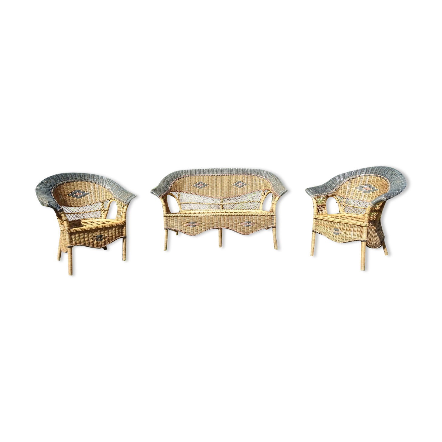 Vintage rattan lounge: one bench, two armchairs