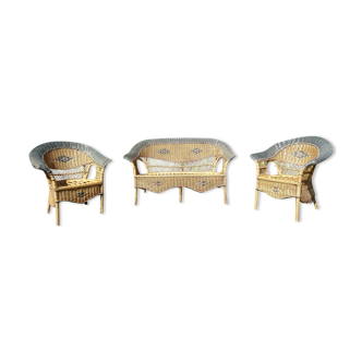 Vintage rattan lounge: one bench, two armchairs