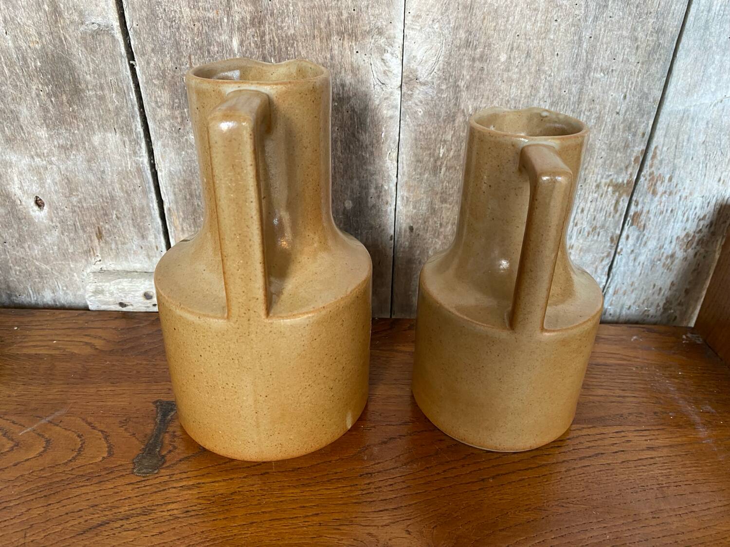Pair of antique brenne pitchers in beige french stoneware vintage