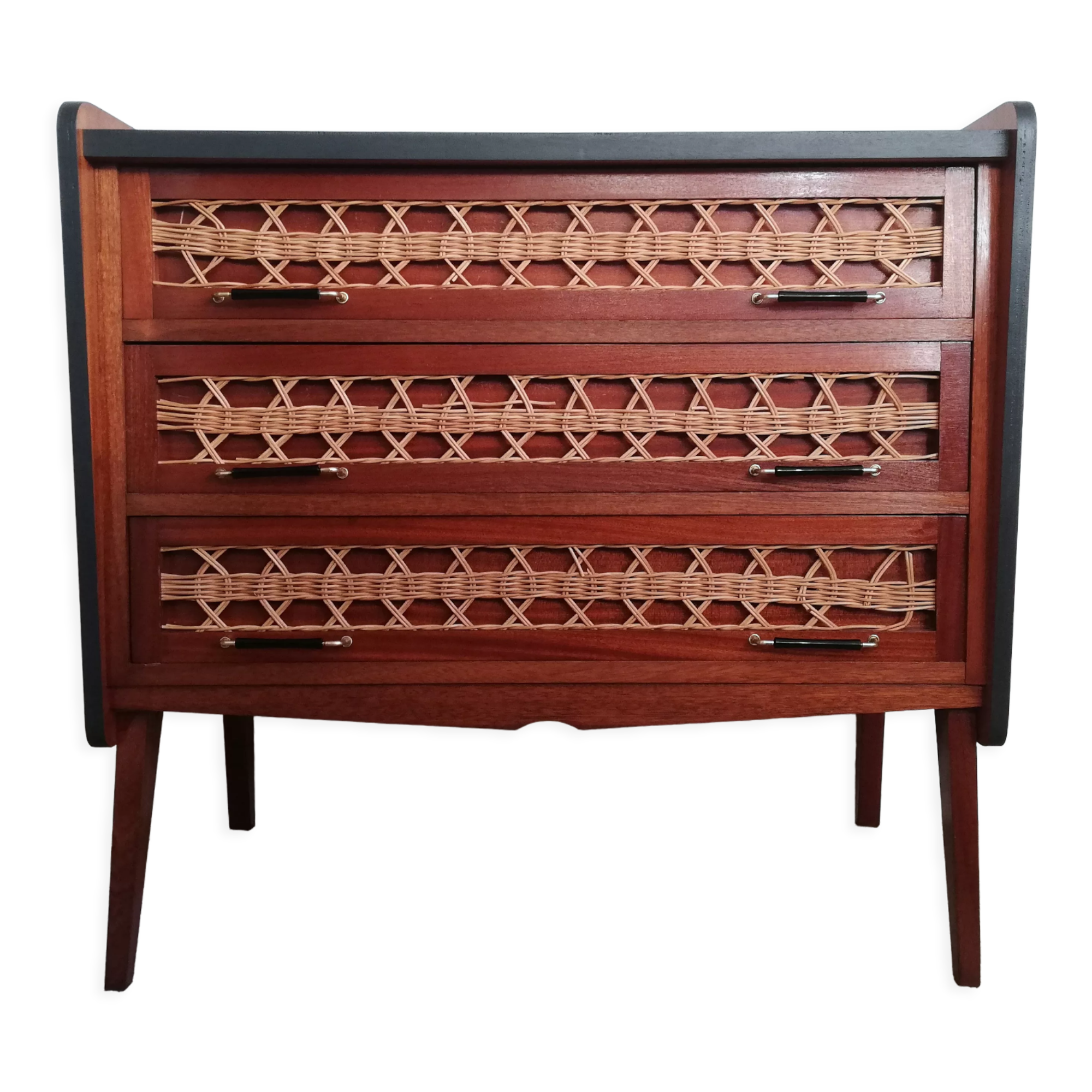 Teak and rattan chest of drawers feet compass