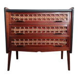Commode teck et rotin pieds compas