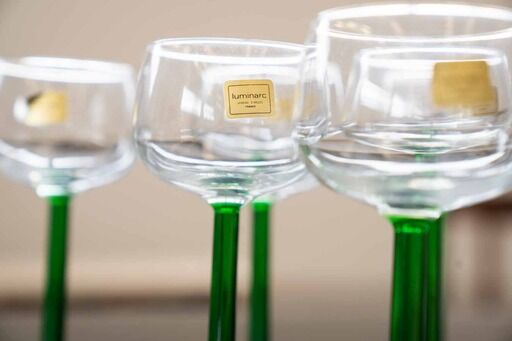 Luminarc france green stemmed liqueur/wine glasses, vintage, 1970s, set of 6