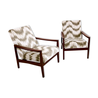 Paire de fauteuils vintage en bois et tissu beige et blanc à motifs, Italie