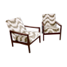 Paire de fauteuils vintage en bois et tissu beige et blanc à motifs, Italie