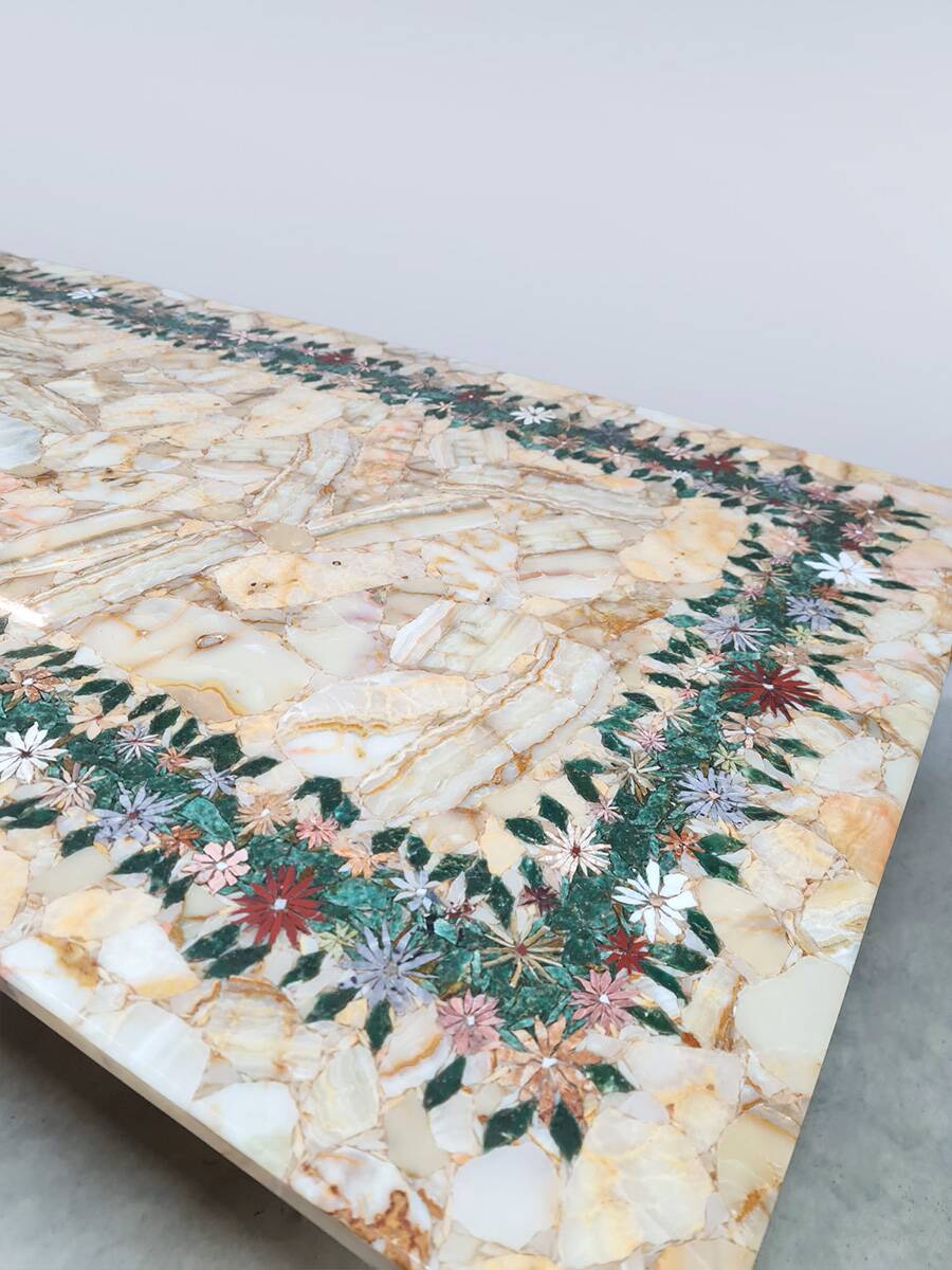 Italian vintage onyx marble floral dining table 'Edelweiss'