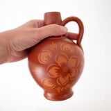 Vintage Terracotta Clay Jug Vase With Floral Pattern, Spanish Pottery