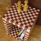 Side table - open cube bedside table with checkerboard in bone and terracotta resin