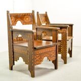 Set of Middle East Design Carved Wooden Moorish Decorated Side Chairs 1950s